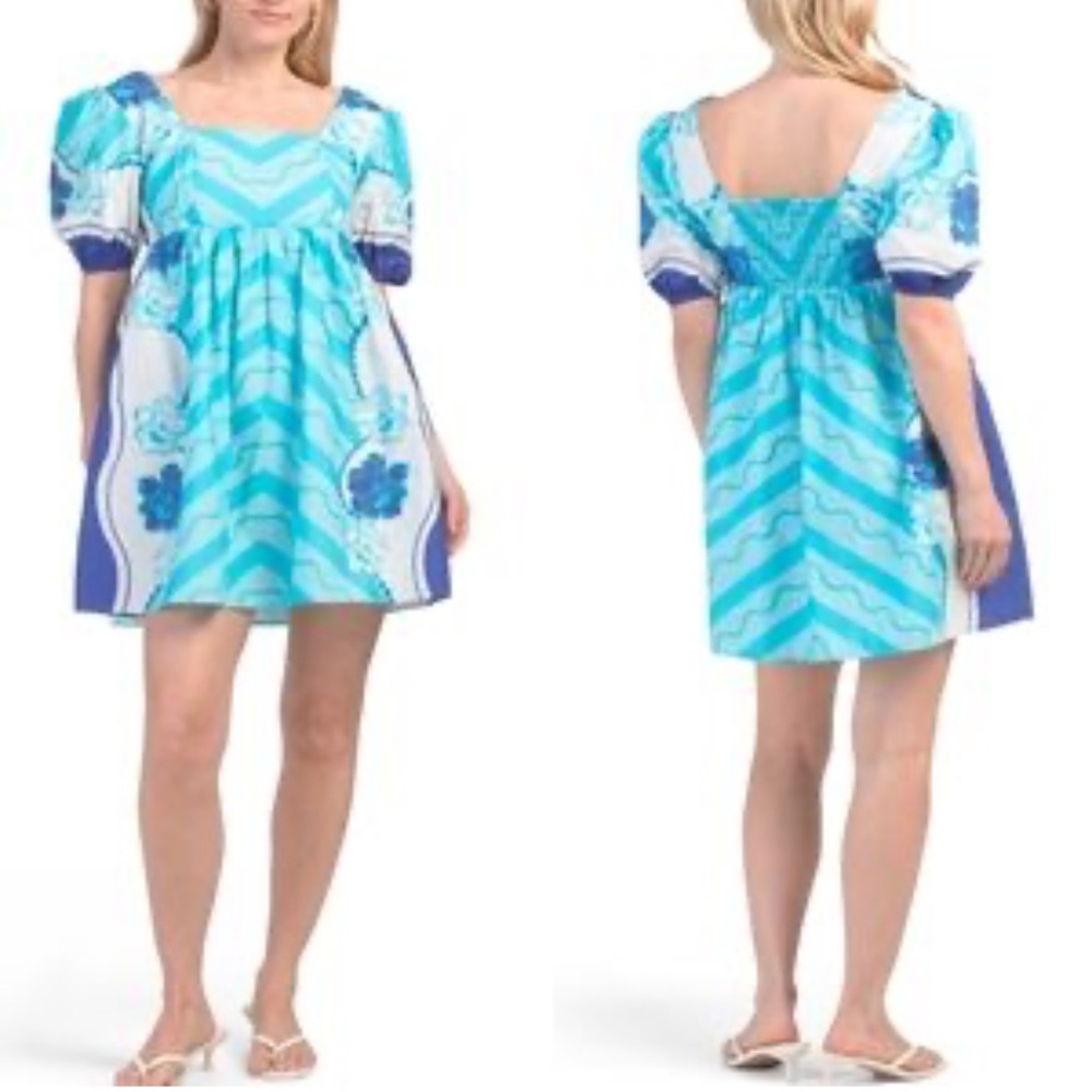 Celina Moon Blue Floral Puff Sleeve Mini Dress Resort-wear Size Large NWT
